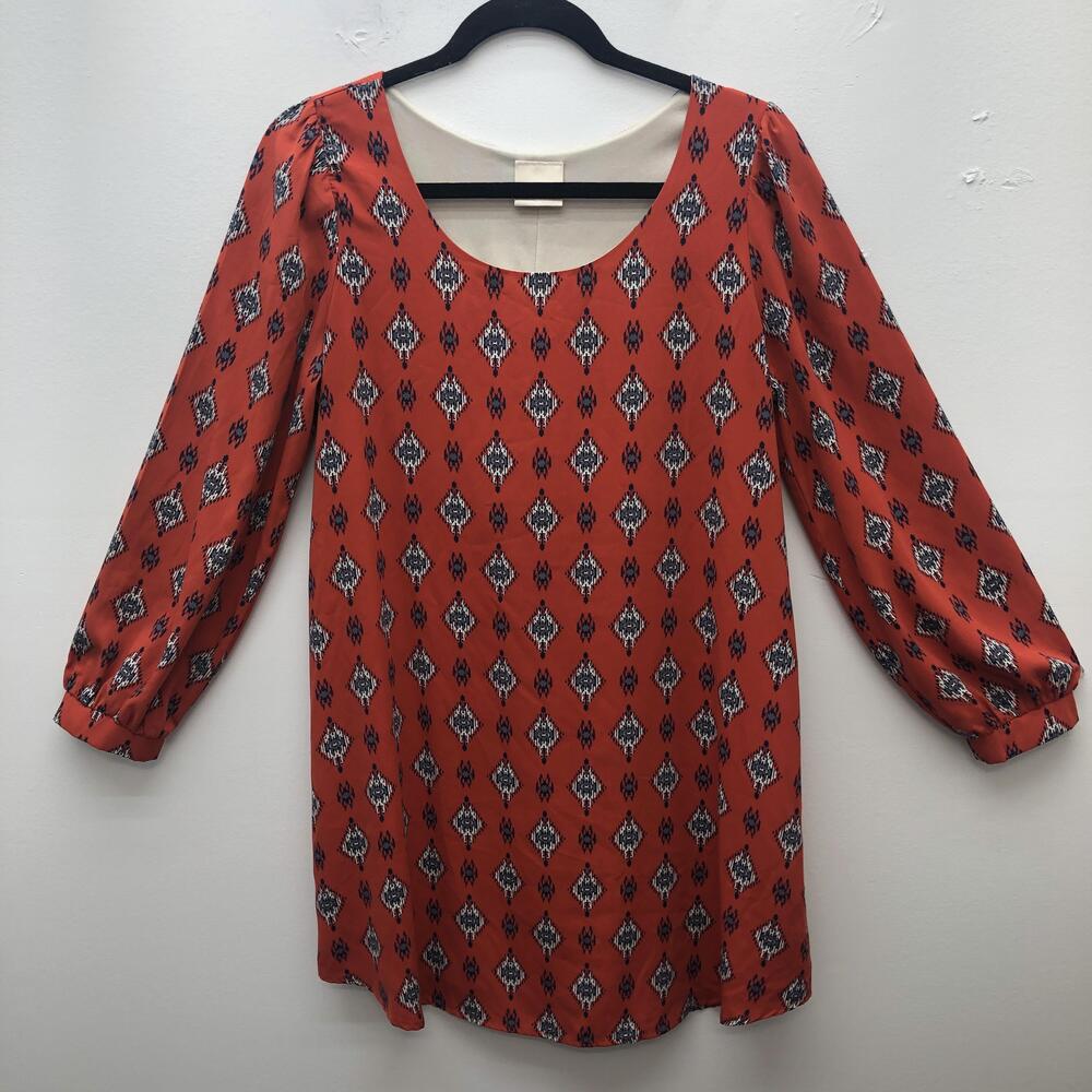 Anthropologie Shift Dress Womens Large Ikat Boho Long Sleeve Lined Pockets USA